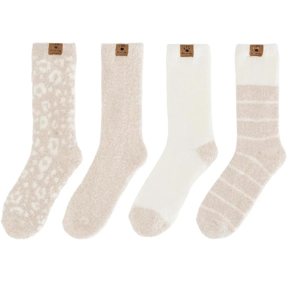 BEARPAW Cozy Lounge Socks 4 Pack Neutral Plush Crew Socks Soft Slipper Socks OS